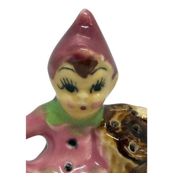 Vintage Pink Pixie Elf Salt Shaker Japan On Brown Tree Trunk Ceramic 1950’s - Picture 5 of 11